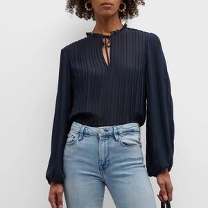 Frame Navy Pleated Top with Ruffled Neckline Size Small Excellent Condition